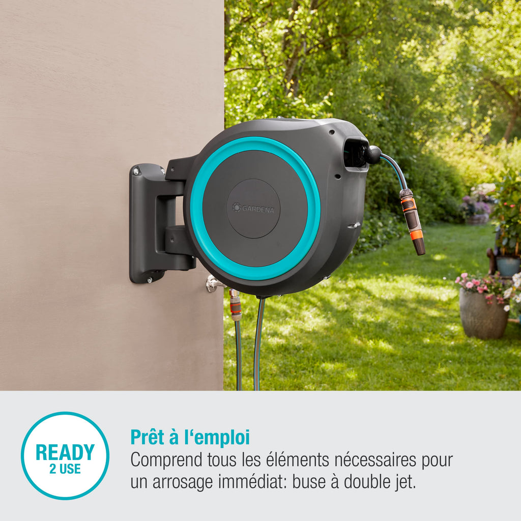 Dévidoir automatique mural 25 m avec tuyau 13 mm montage mural système RollUp M/L référence 18620-20