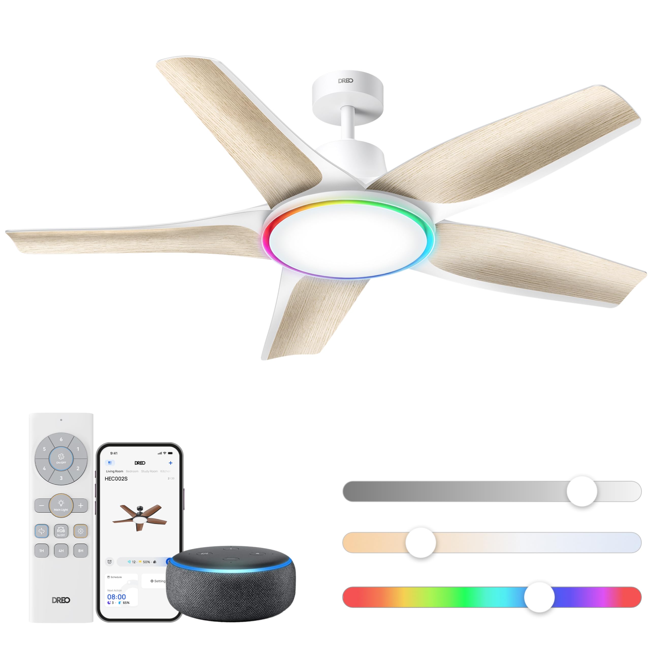 Ventilateur de plafond intelligent avec éclairage LED RGB 132 cm moteur CC silencieux contrôle APP et télécommande DR-HCF002S