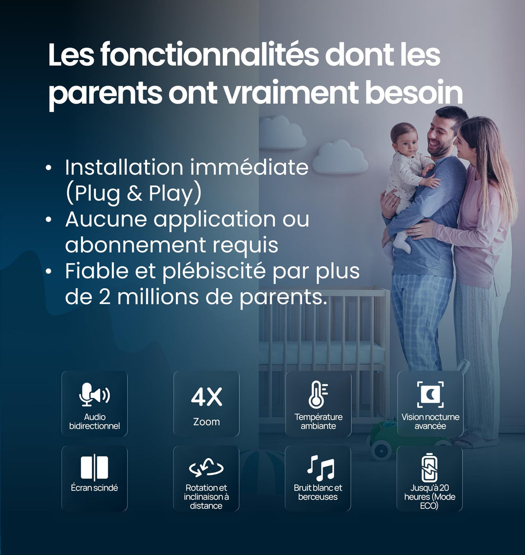 Moniteur bébé MVPRO-2CAM EU Full HD avec 2 caméras écran partagé veilleuse 6 couleurs connexion 2.4GHz FHSS sans WiFi