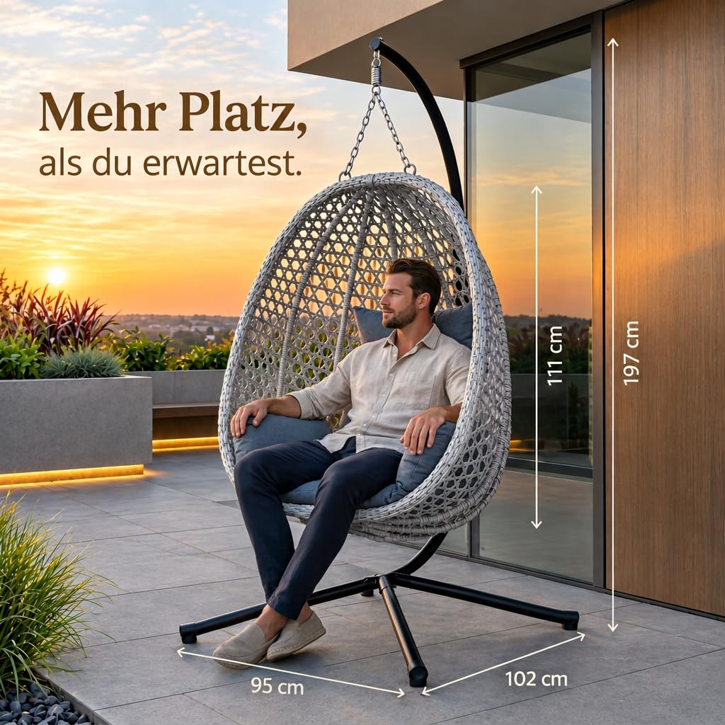 Hängesessel mit Gestell für Outdoor und Indoor, faltbarer Loungesessel aus PE-Rattan in Grau mit Wendebezug und Abdeckplane, bis 150 kg