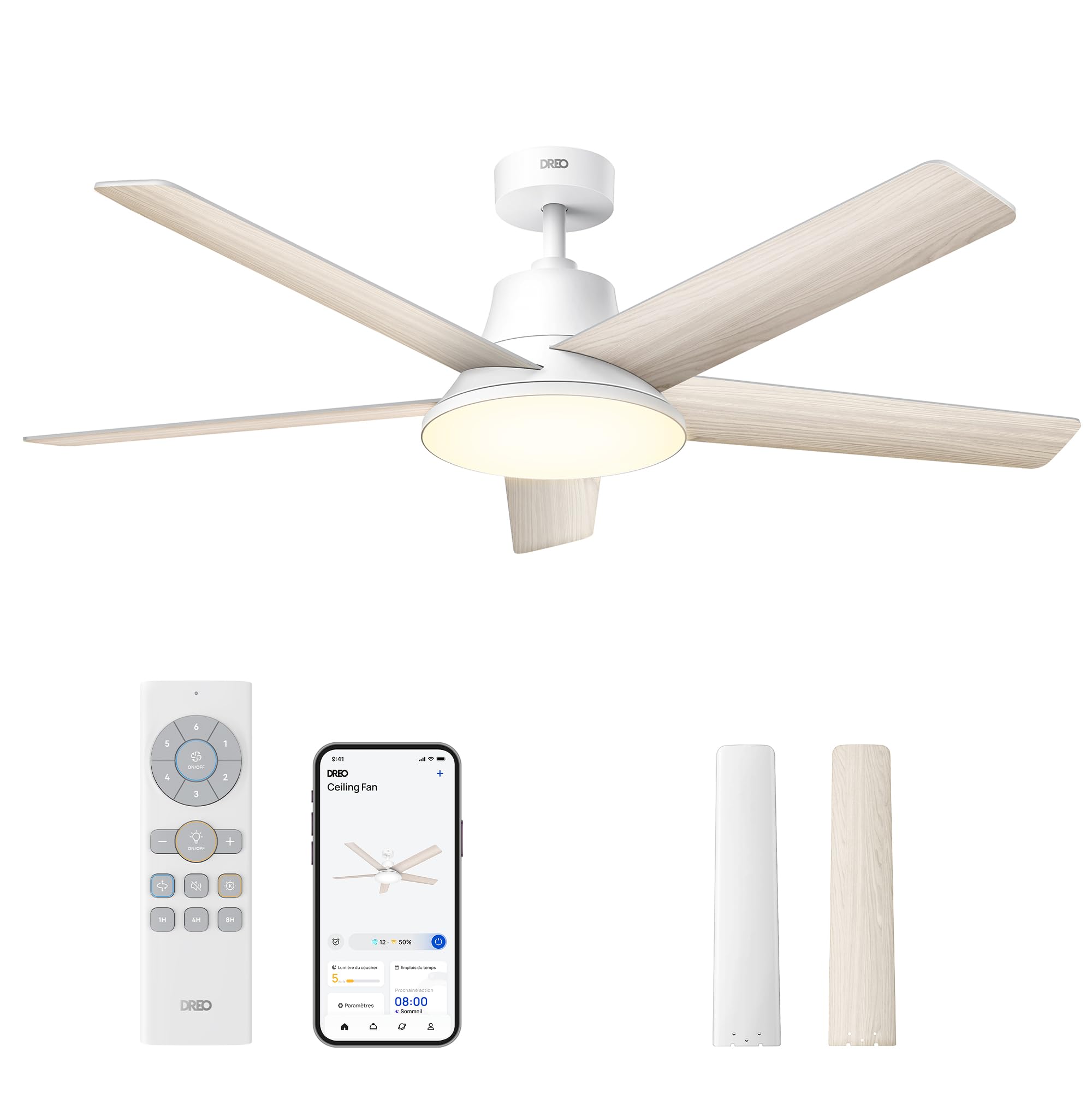 Ventilateur de plafond intelligent 132 cm avec lumière LED dimmable 12 vitesses moteur DC télécommande et contrôle APP