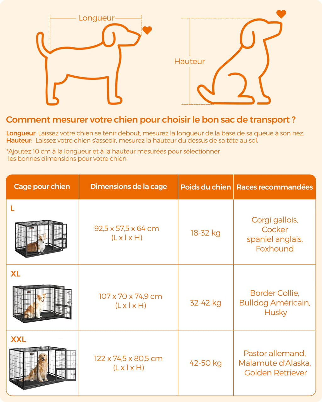 Cage pour chien XXL double porte PPD003B01 acier allié 122 x 74,5 x 80,5 cm avec plateau amovible