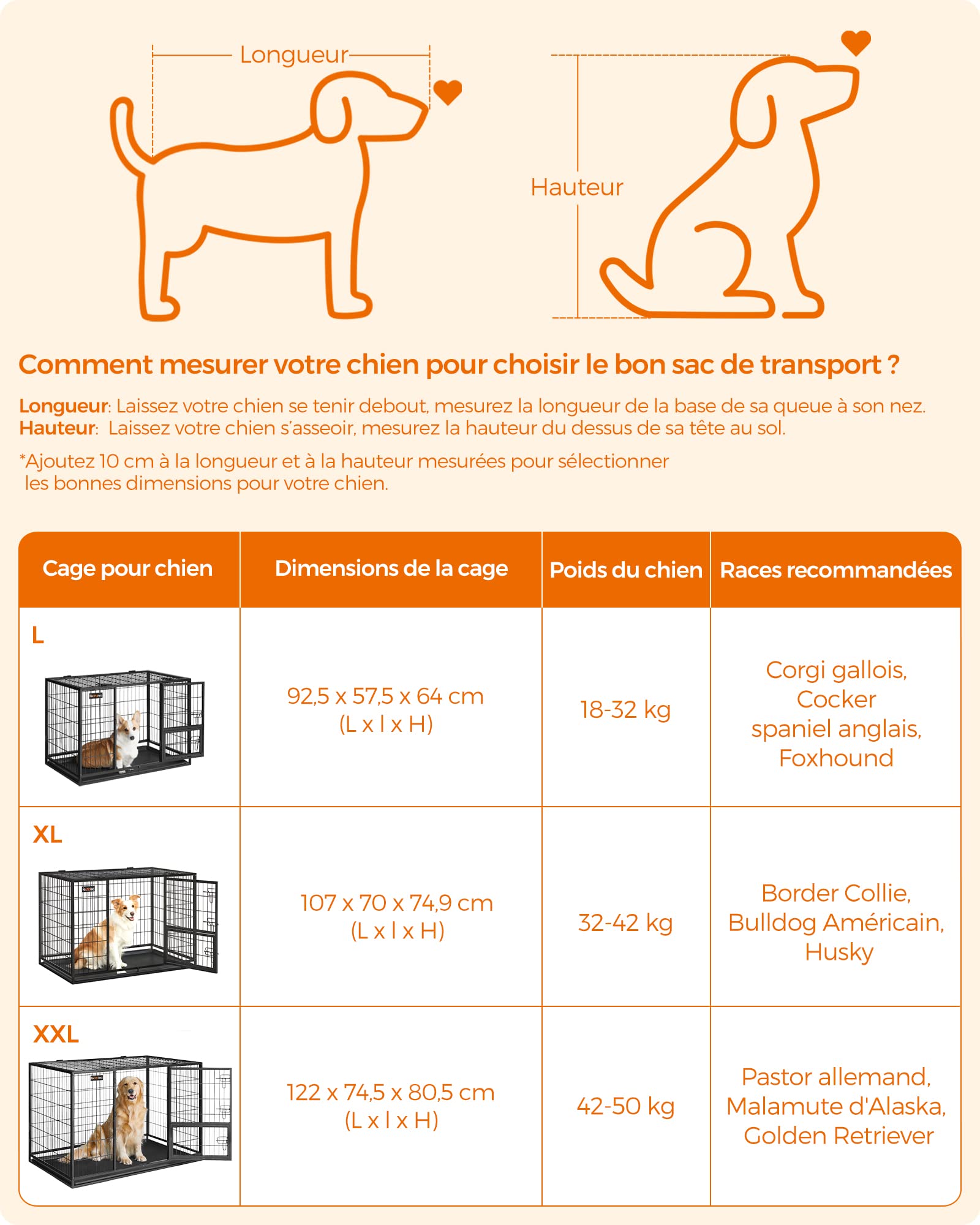 Cage pour chien XXL double porte PPD003B01 acier allié 122 x 74,5 x 80,5 cm avec plateau amovible