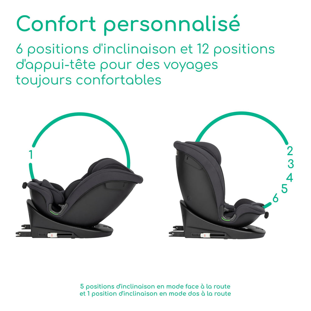 Siège auto pivotant 360 i-Size 0-12 ans 40-150 cm ISOFIX avec Top Tether 6 positions d'inclinaison et appui-tête réglable 12 positions