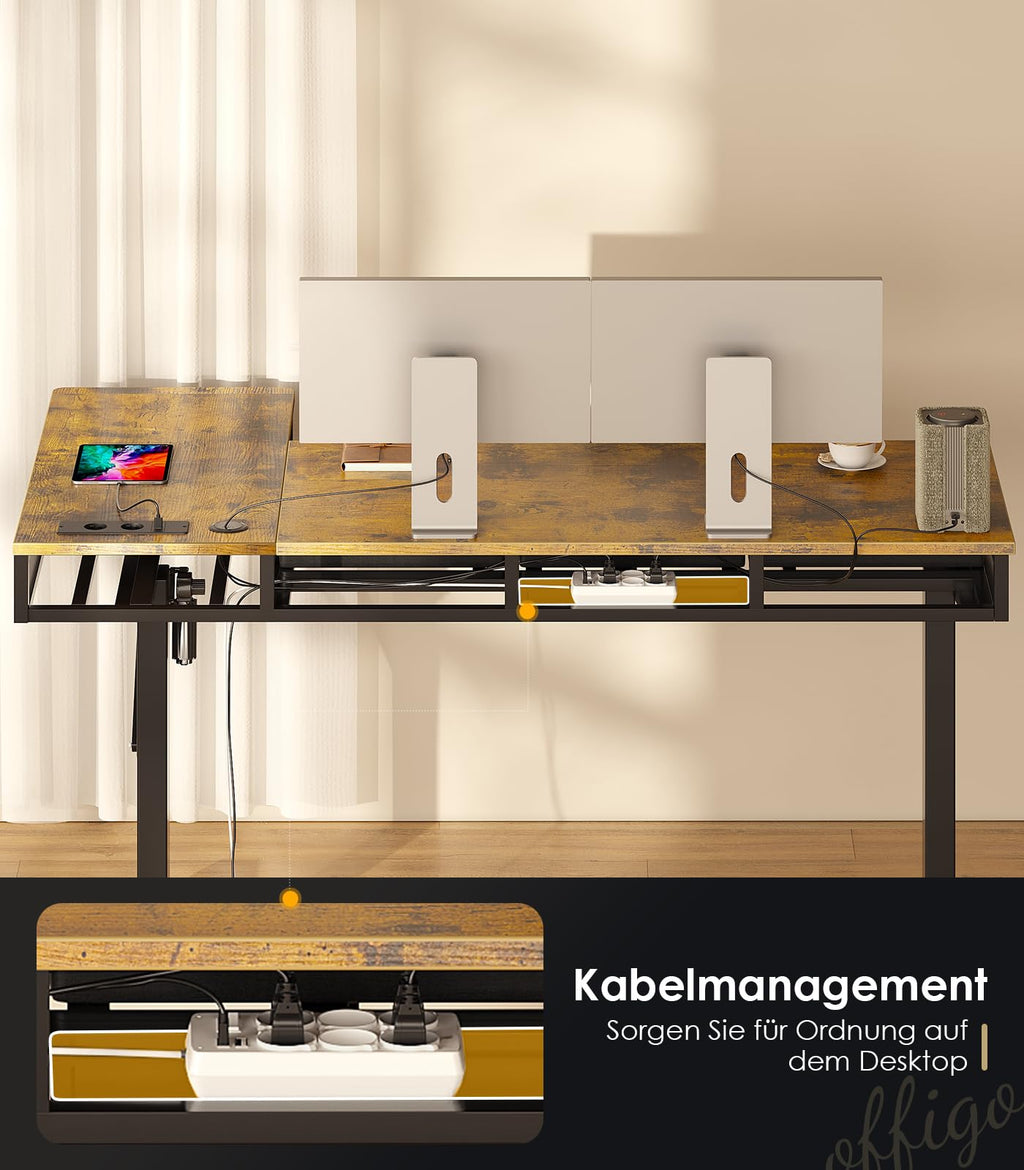 Eckschreibtisch höhenverstellbar elektrisch L-Form 160 x 80 cm mit 4 Schubladen, Steckdose und USB in Braun