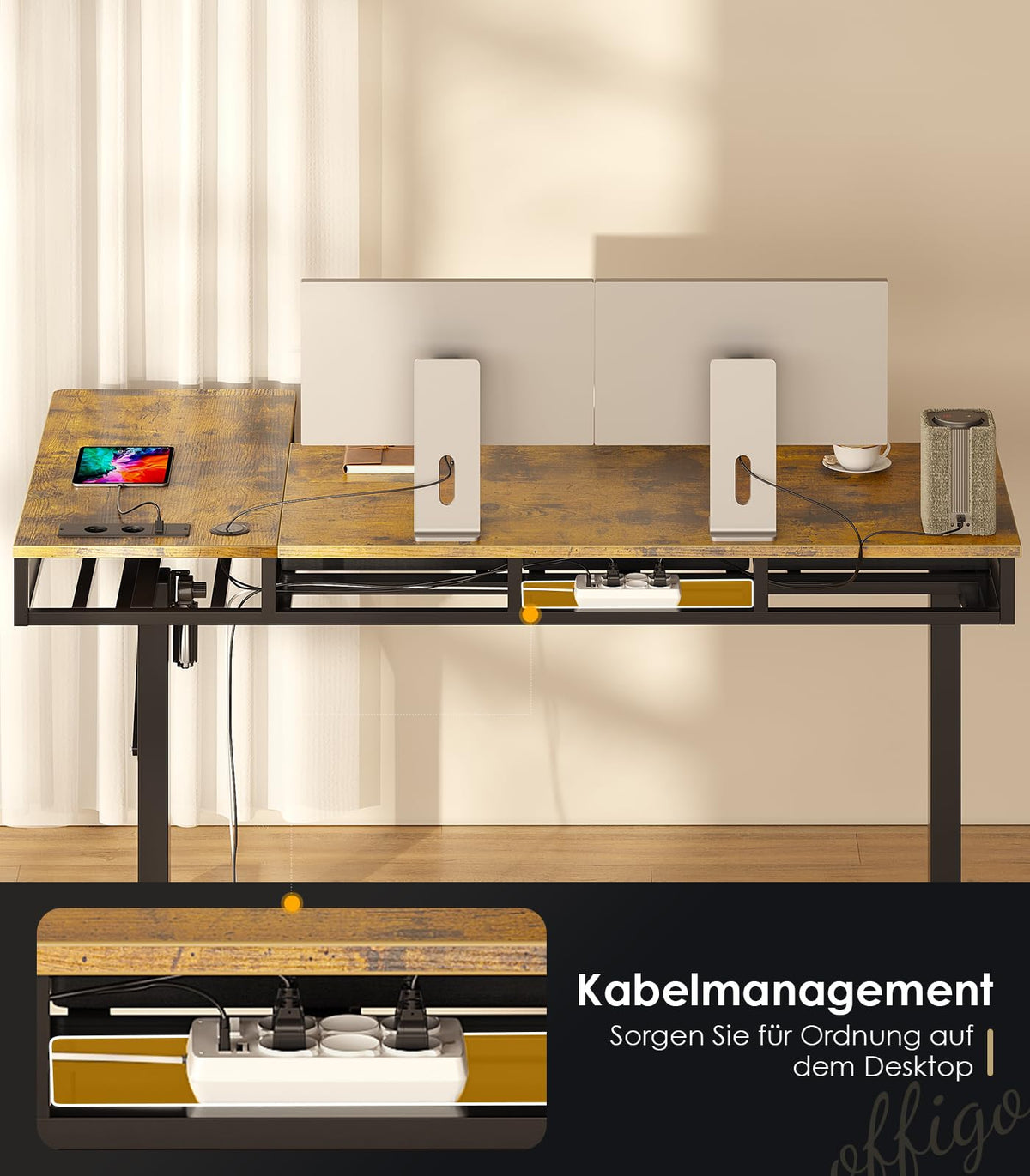 Eckschreibtisch höhenverstellbar elektrisch L-Form 160 x 80 cm mit 4 Schubladen, Steckdose und USB in Braun