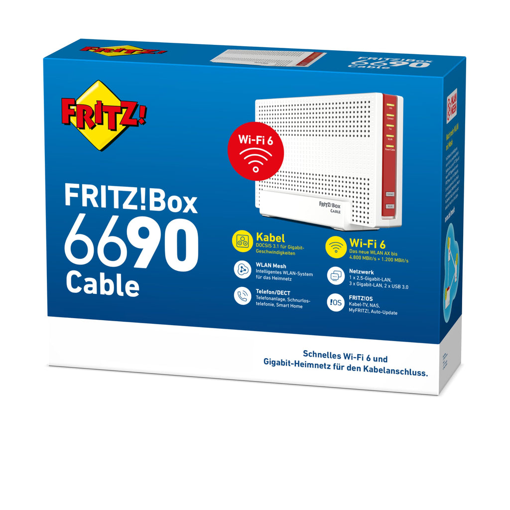 Kabel-Router 6690 Wi-Fi 6 bis 6 GBit/s DOCSIS 3.1 Modem Mesh-Master Dualband 4800 MBit/s 5 GHz 1200 MBit/s 2,4 GHz