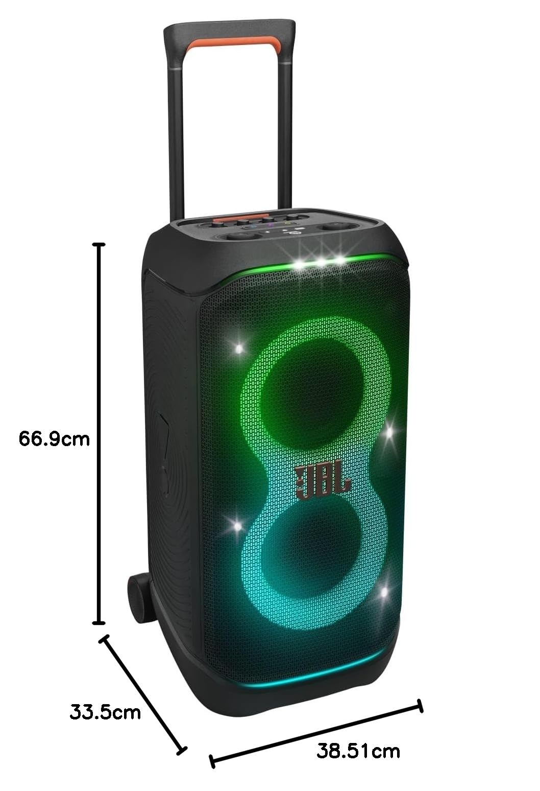 Enceinte portable Partybox Stage 320 avec son JBL Pro éclairage LED roulettes poignée télescopique et autonomie 18 h