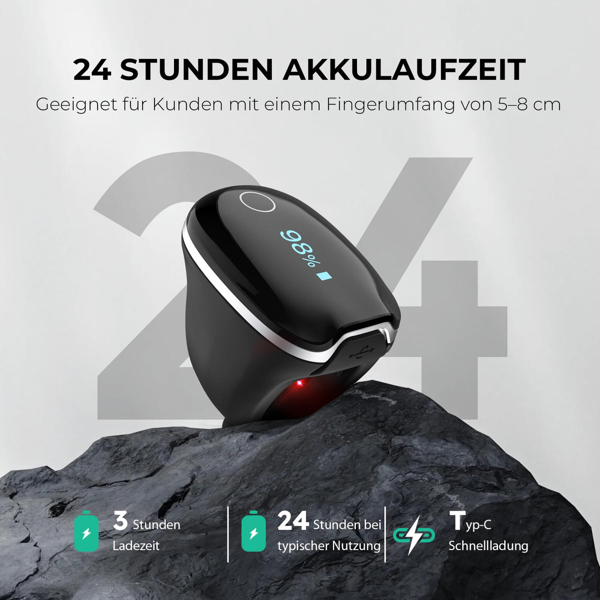 Finger Pulsoximeter O2Ring-S für die Schlafüberwachung mit Vibrationsalarm, 24 Std Akkulaufzeit, Bluetooth und 4 x 10 Std Speicher