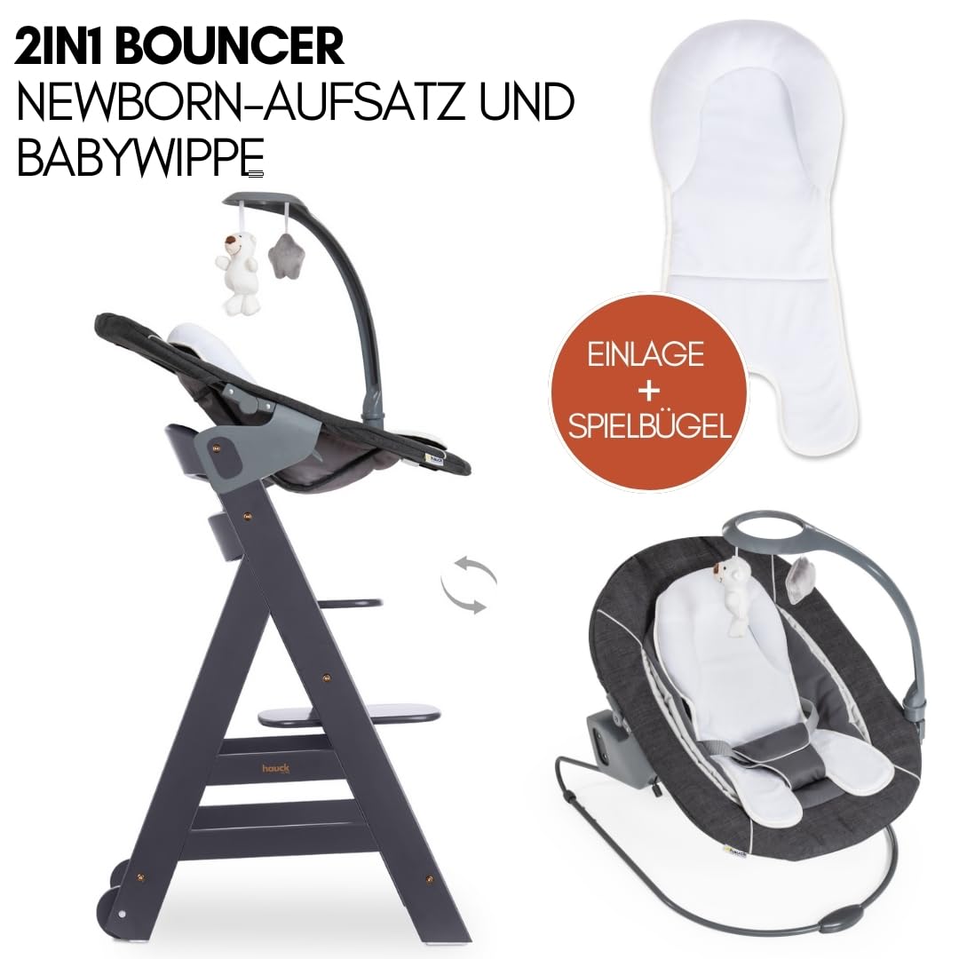 5-in-1 Hochstuhl Beta+ Newborn Set mit Deluxe Bouncer, Sitzpolster und Essbrett, aus FSC-zertifiziertem Buchenholz, Dark Grey