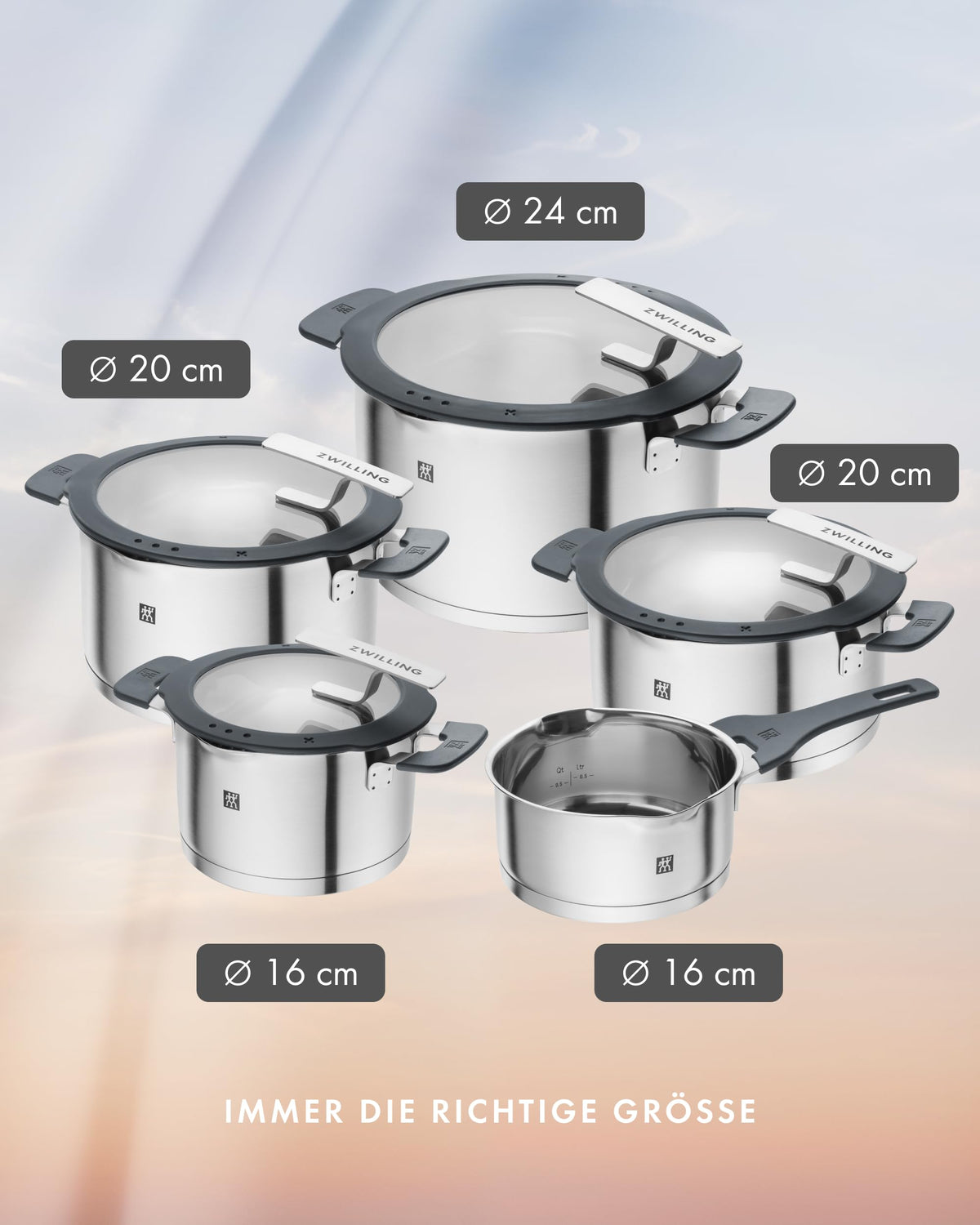 Kochtopf-Set Simplify 5-teilig mit integriertem Sieb Induktion Edelstahl Grau 16 bis 24 cm 1,5 bis 6 L