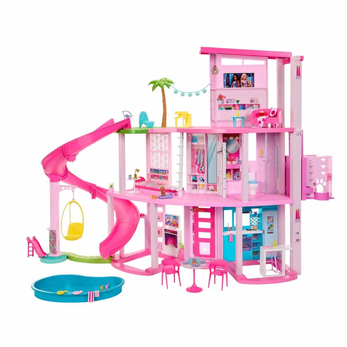 Maison de poupée enfant design 3 niveaux avec 10 espaces de jeu piscine toboggan ascenseur et 75 accessoires modèle HMX10