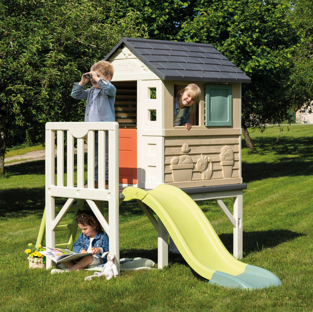 Maison de jeu enfant sur pilotis avec plateforme 70 cm échelle et toboggan matériau recyclé dès 2 ans modèle 7600810802