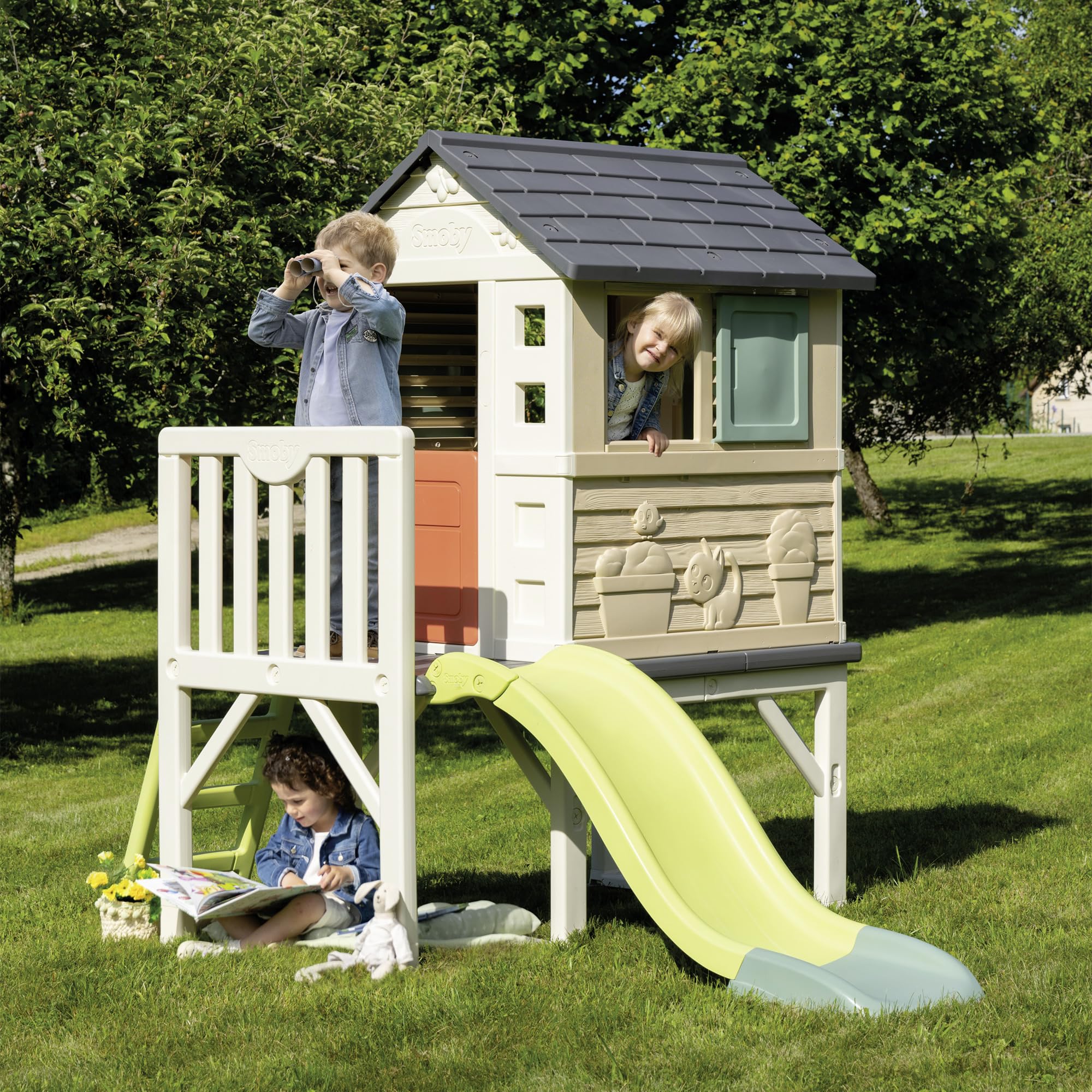 Maison de jeu enfant sur pilotis avec plateforme 70 cm échelle et toboggan matériau recyclé dès 2 ans modèle 7600810802