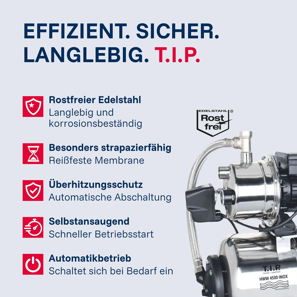 Hauswasserwerk 1200 W 4350 l/h 5 bar mit 22 L Edelstahl-Druckkessel 50 m Förderhöhe 230 V