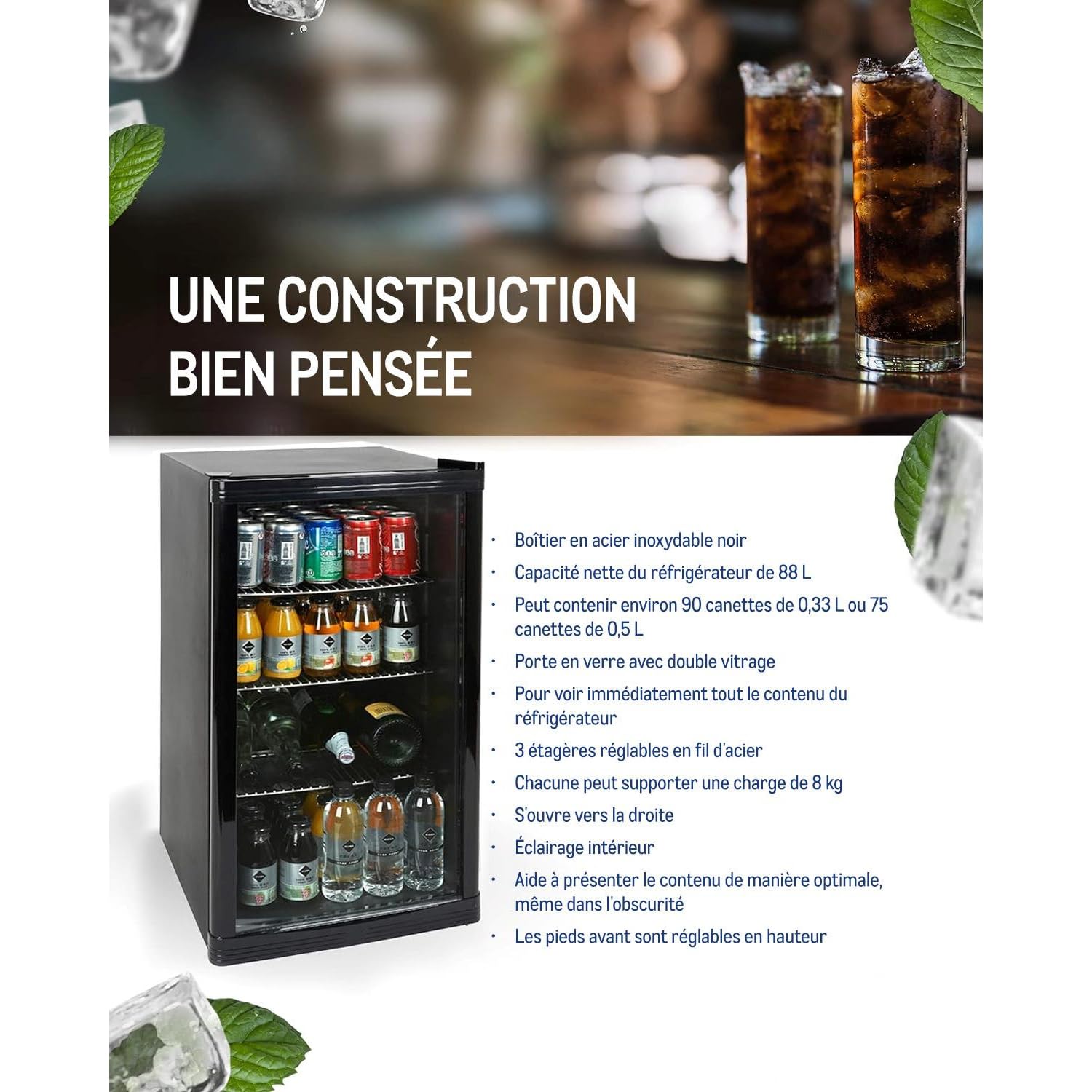 Réfrigérateur à boissons GPC1088 88L porte en verre réversible éclairage LED refroidissement statique