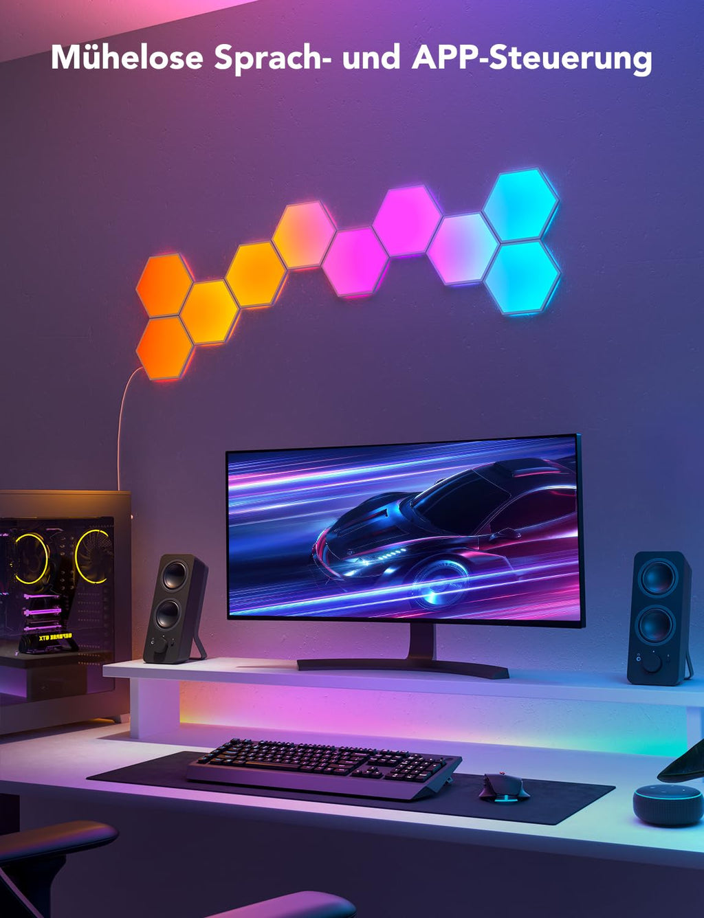 LED Hexagon Wandpaneele RGBIC Gaming Wandleuchten App-Steuerung Musik-Synchronisation Szenenmodi Timer und Sprachsteuerung
