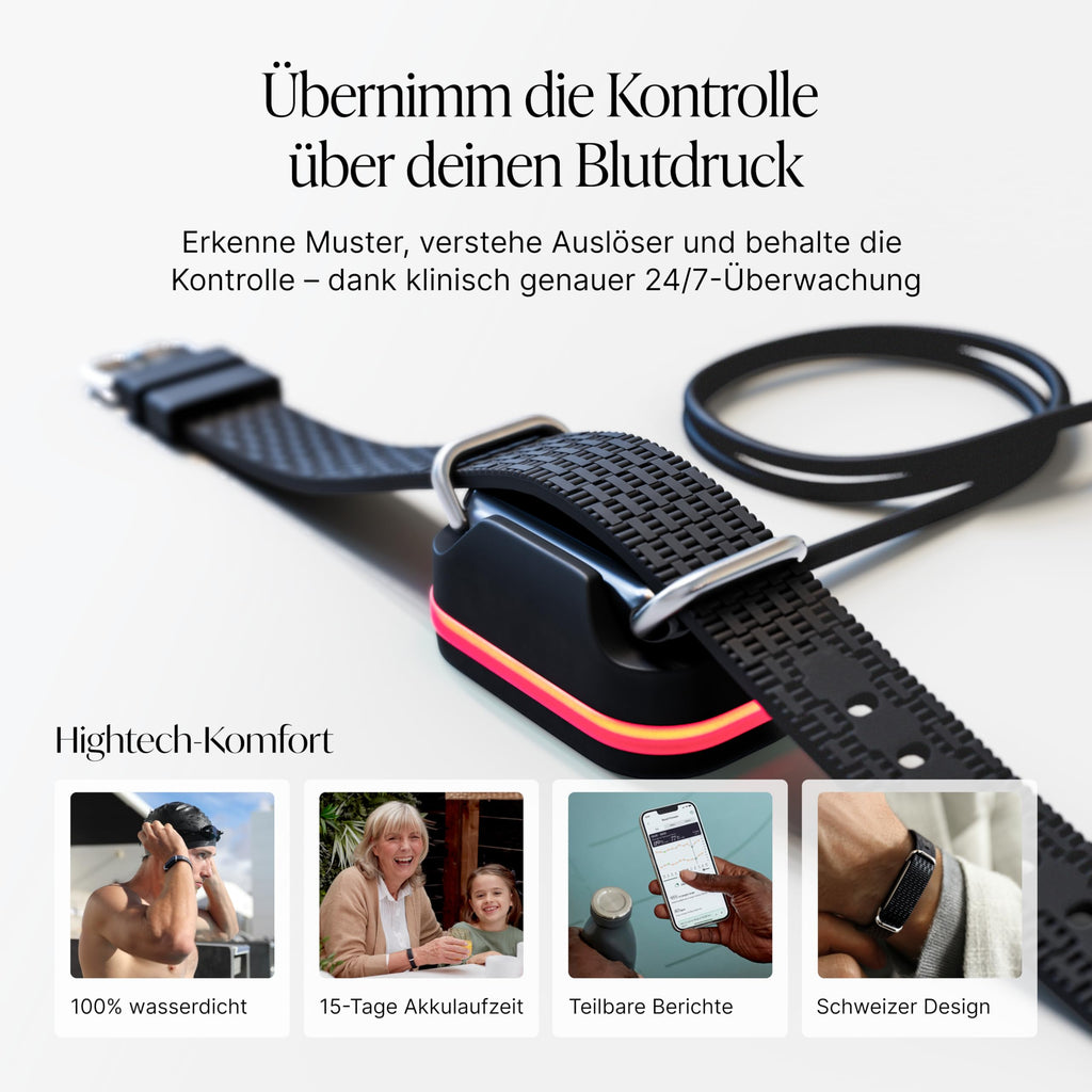 Blutdruckmessarmband mit Photosensor 24/7 Blutdrucküberwachung App-Analyse IP68 15 Tage Akkulaufzeit inklusive 12 Monate Abo