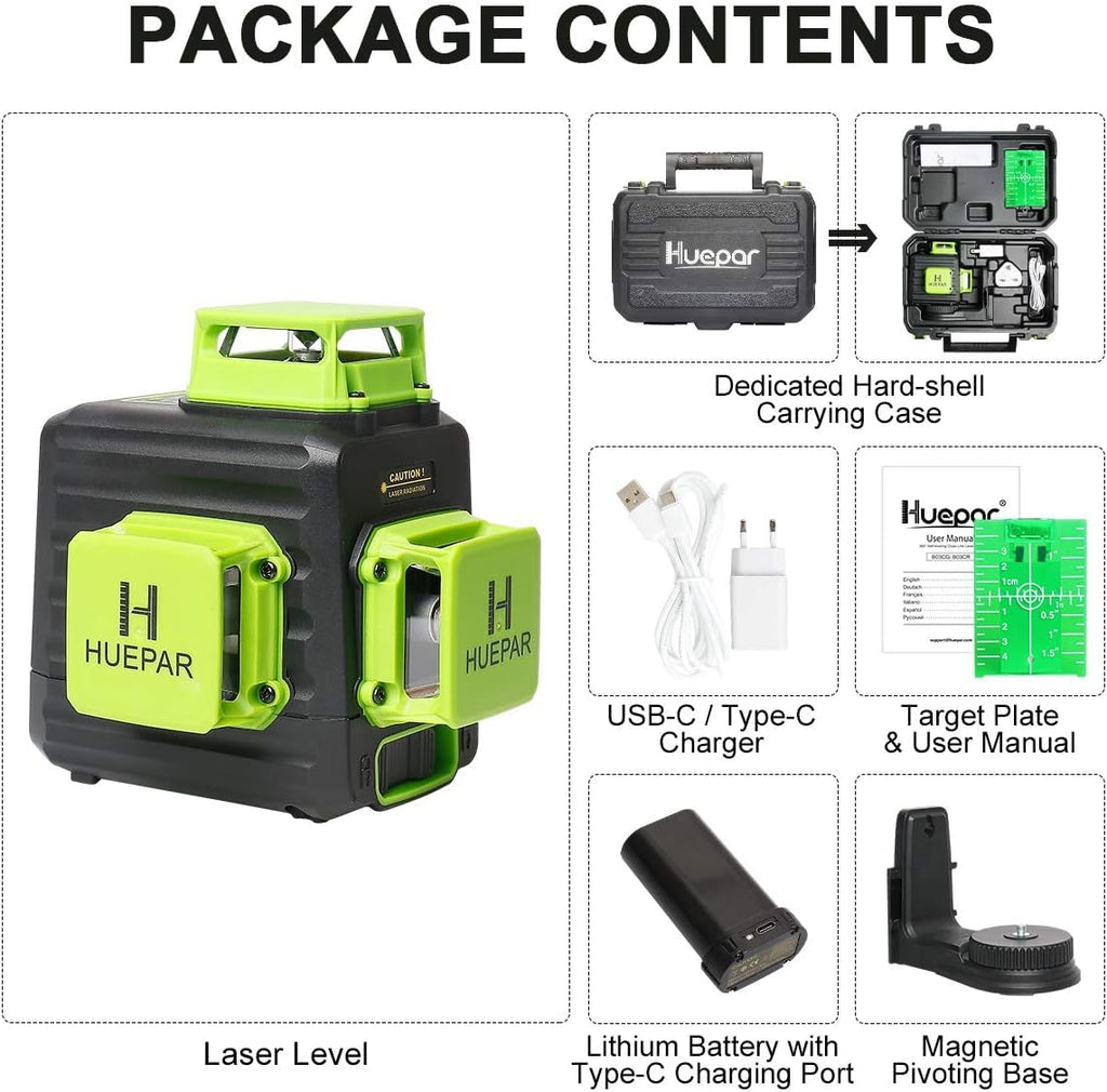 Niveau laser vert autonivelant B03CG Pro 3 x 360° avec batterie rechargeable Li-ion 5200mAh USB-C mode pulsé et étui de transport