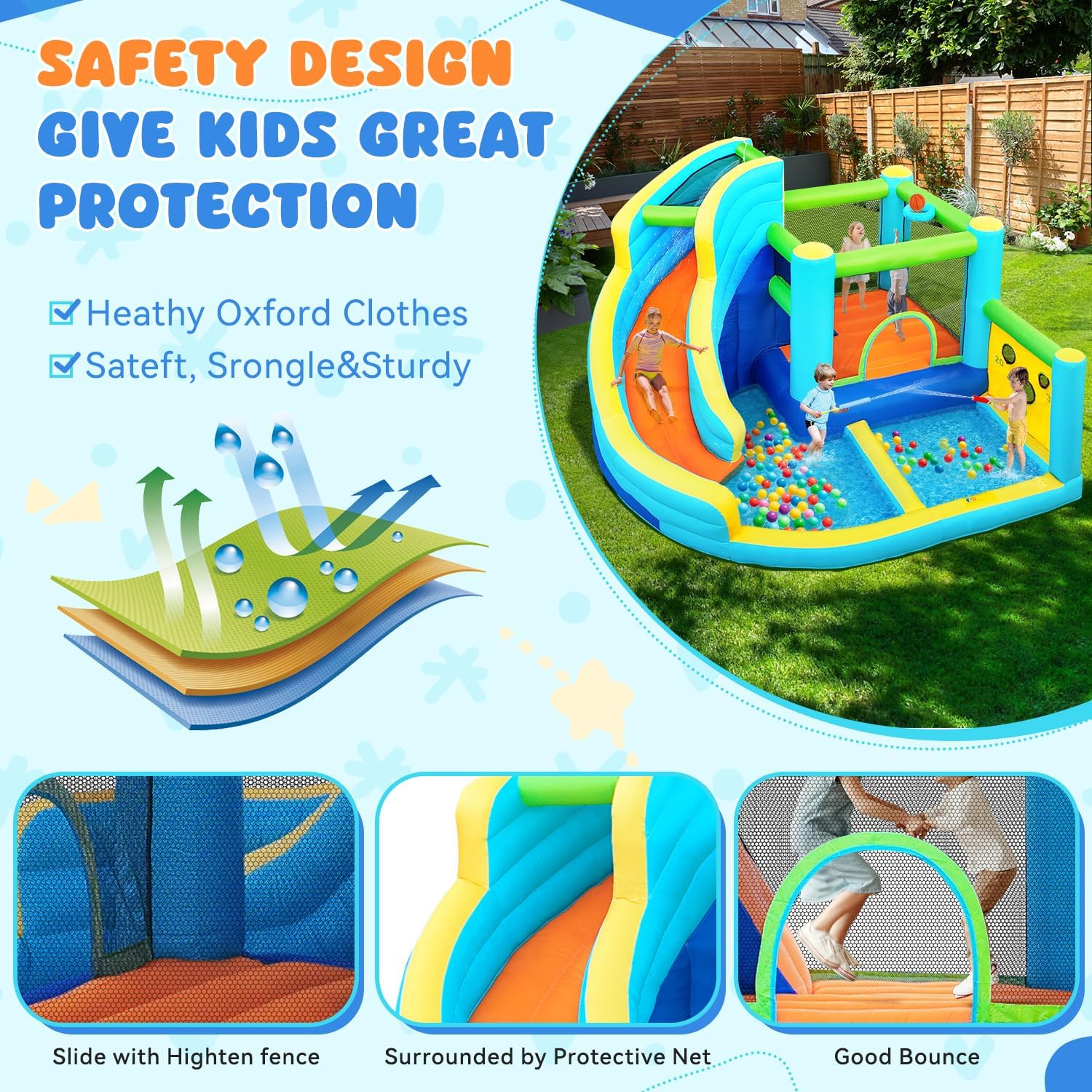 Château gonflable enfant parc aquatique avec toboggan trampoline piscine mur d'escalade panier de basket 340 x 360 x 218 cm