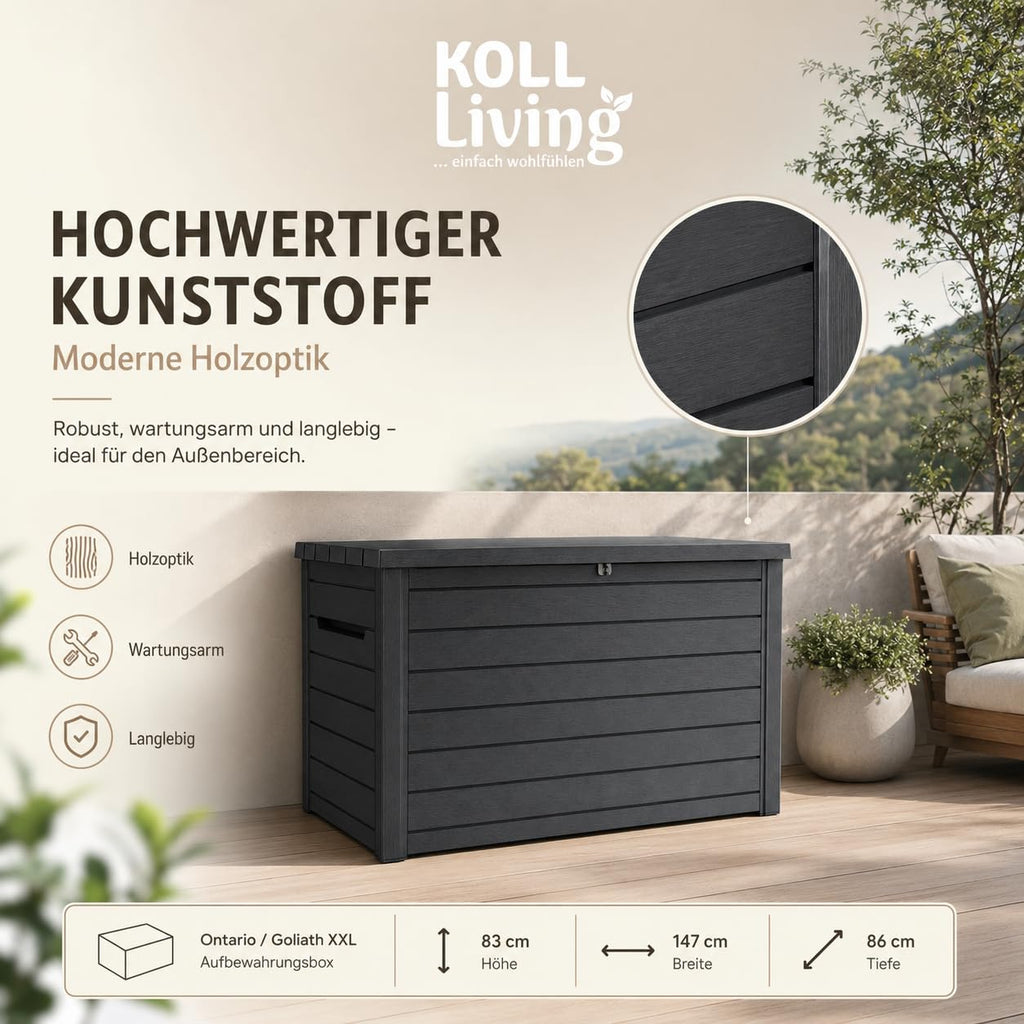 Auflagenbox 870 L in Holzoptik, abschließbar und wasserdicht mit Belüftung, Deckel bis 50 kg belastbar