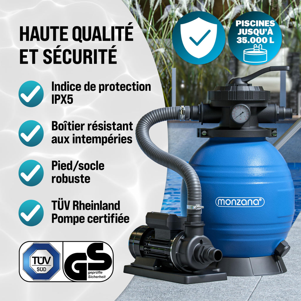 Pompe de filtration à sable piscine 10,2 m³/h auto-amorçante avec réservoir 25 L vanne 7 voies raccords 32 38 mm