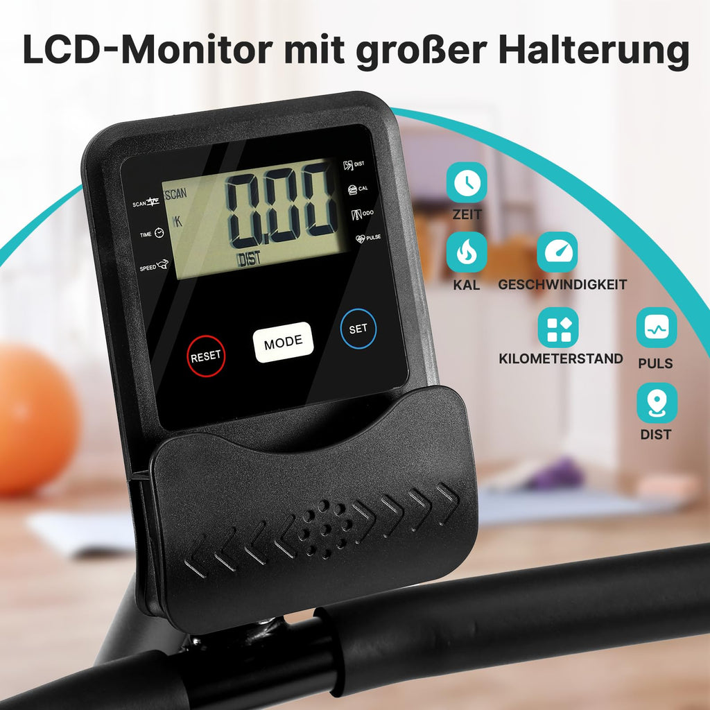 Liegeergometer mit 16 magnetischen Widerstandsstufen und LCD-Anzeige, bis 160 kg, verstellbarer Sitz und Lenker