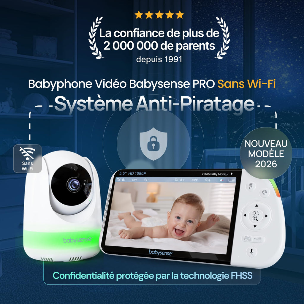 Moniteur bébé MVPRO-2CAM EU Full HD avec 2 caméras écran partagé veilleuse 6 couleurs connexion 2.4GHz FHSS sans WiFi