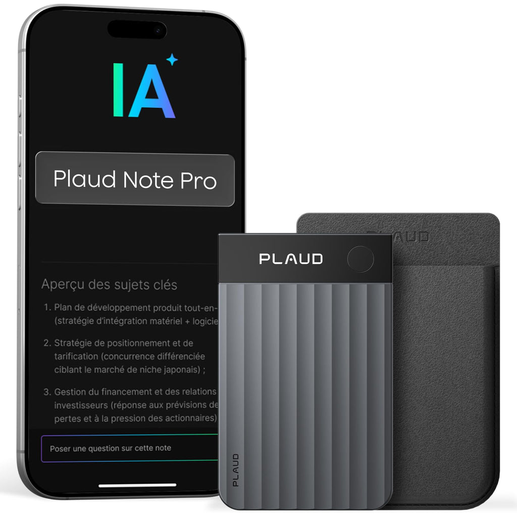 Enregistreur vocal IA Note Pro avec transcription automatique 64 Go Bluetooth 50 h d'enregistrement étui magnétique inclus