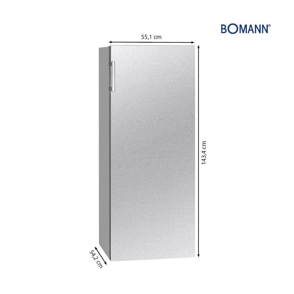 Kühlschrank ohne Gefrierfach 242 L, 143 cm hoch, Energieklasse E, 0 °C bis +8 °C, leise 40 dB, inox