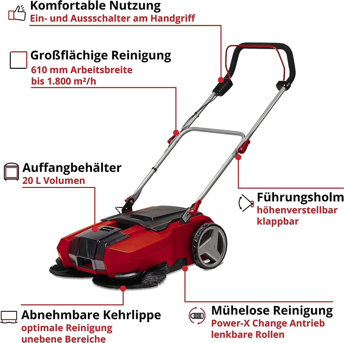 Akku-Kehrmaschine TE-SW 18/610 Li-Solo mit 610 mm Kehrbreite und 20 L Schmutzbehälter, ohne Akku und Ladegerät