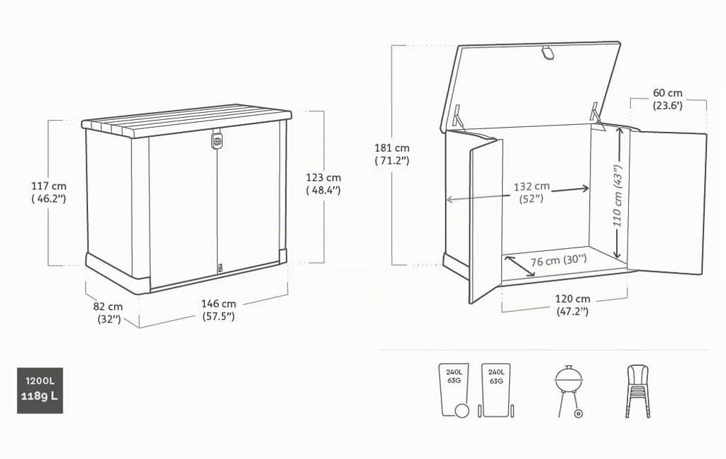 Abri poubelle extérieur 1200 litres en polypropylène imitation lattes de bois avec plancher porte verrouillable dimensions 145,5 x 82 x 123 cm