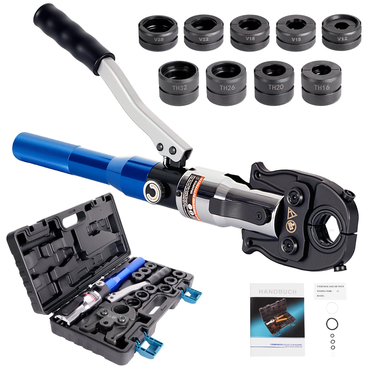 Hydraulische Presszange V- und TH-Kontur 8 t 180° drehbarer Kopf für Kupfer Edelstahl und Verbundrohre mit 8 Pressbacken