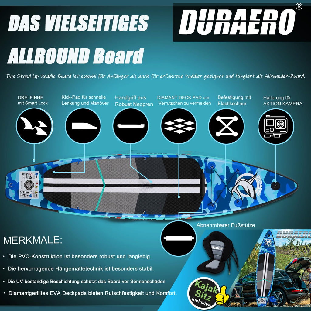 Planche SUP gonflable 330 x 76 x 15 cm avec siège kayak pagaie réglable 3 ailerons support caméra charge 150 kg