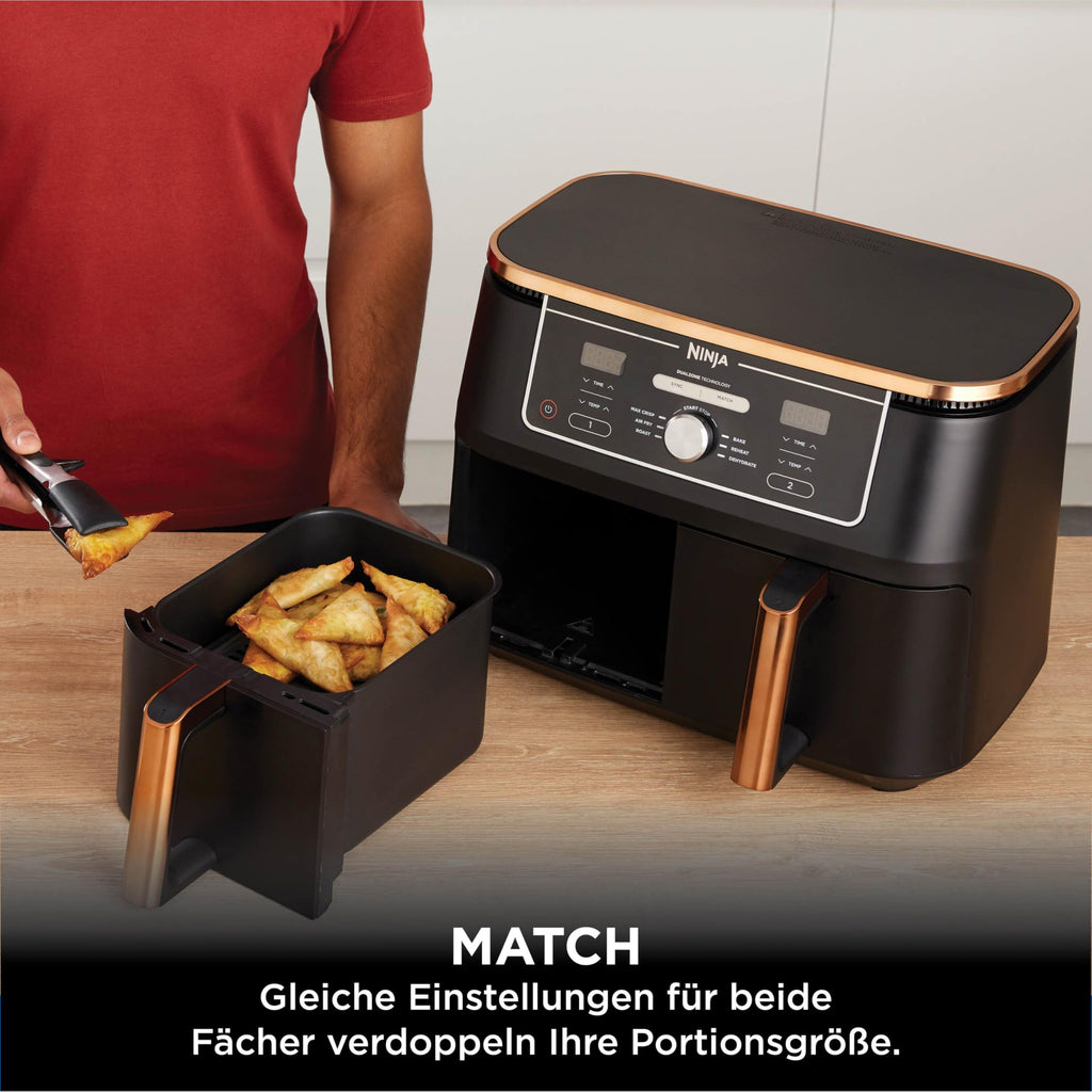 Heißluftfritteuse 9,5 L mit 2 Fächern und 6-in-1-Funktionen Dual Zone Airfryer mit Silikonzange Antihaftbeschichtung