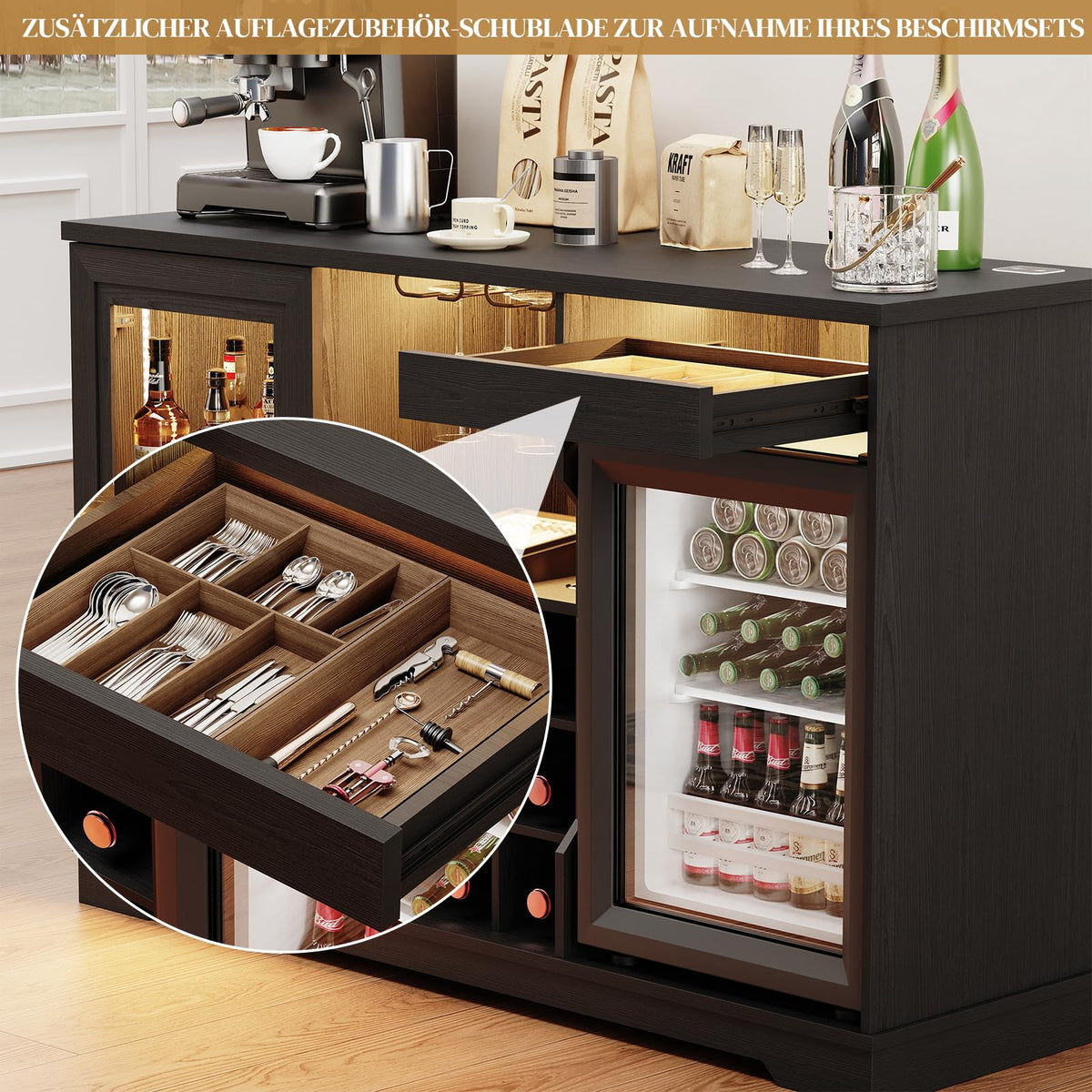 Barschrank mit Kühlschrank in Schwarz, 120 cm breit mit 9 Weinregalen, LED-Beleuchtung und Bewegungssensor