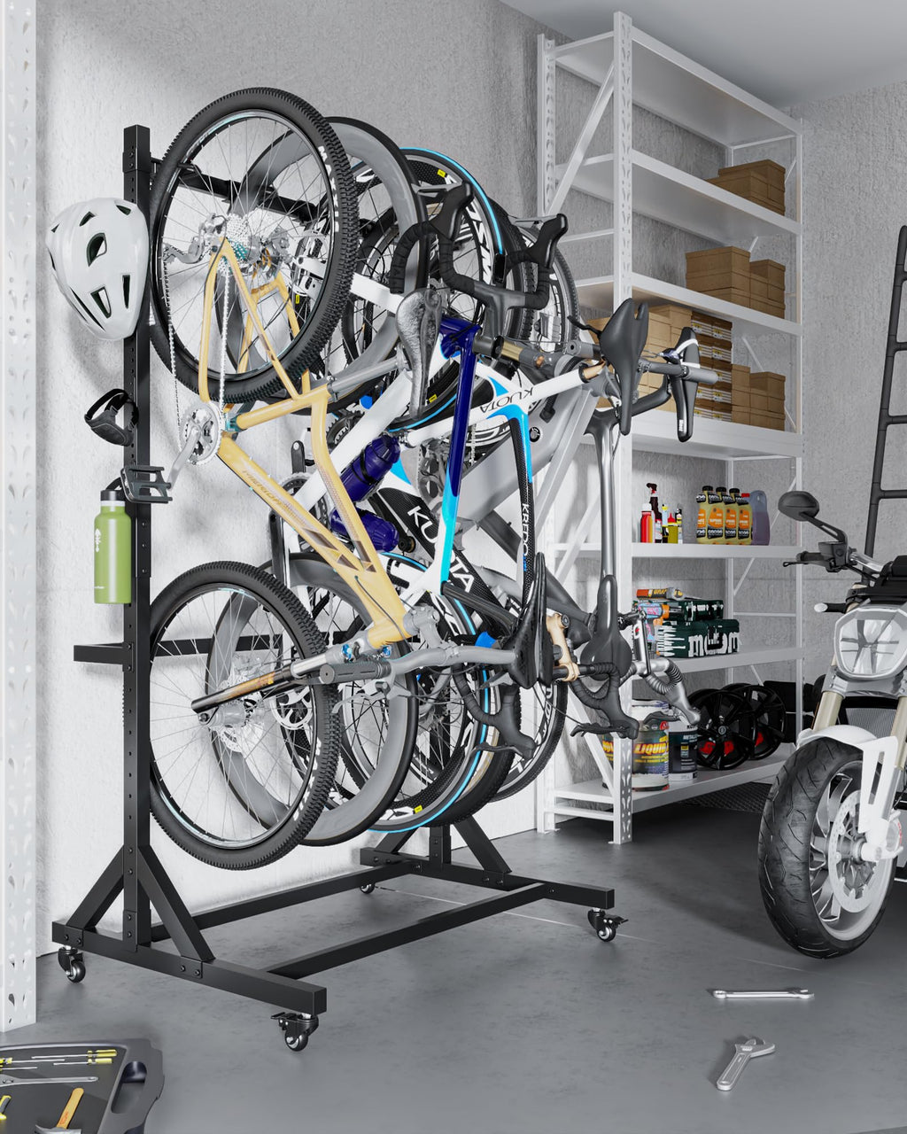 Freistehender Fahrradständer für 5 Fahrräder, Schwerlast bis 160 kg, höhenverstellbar mit Rollen