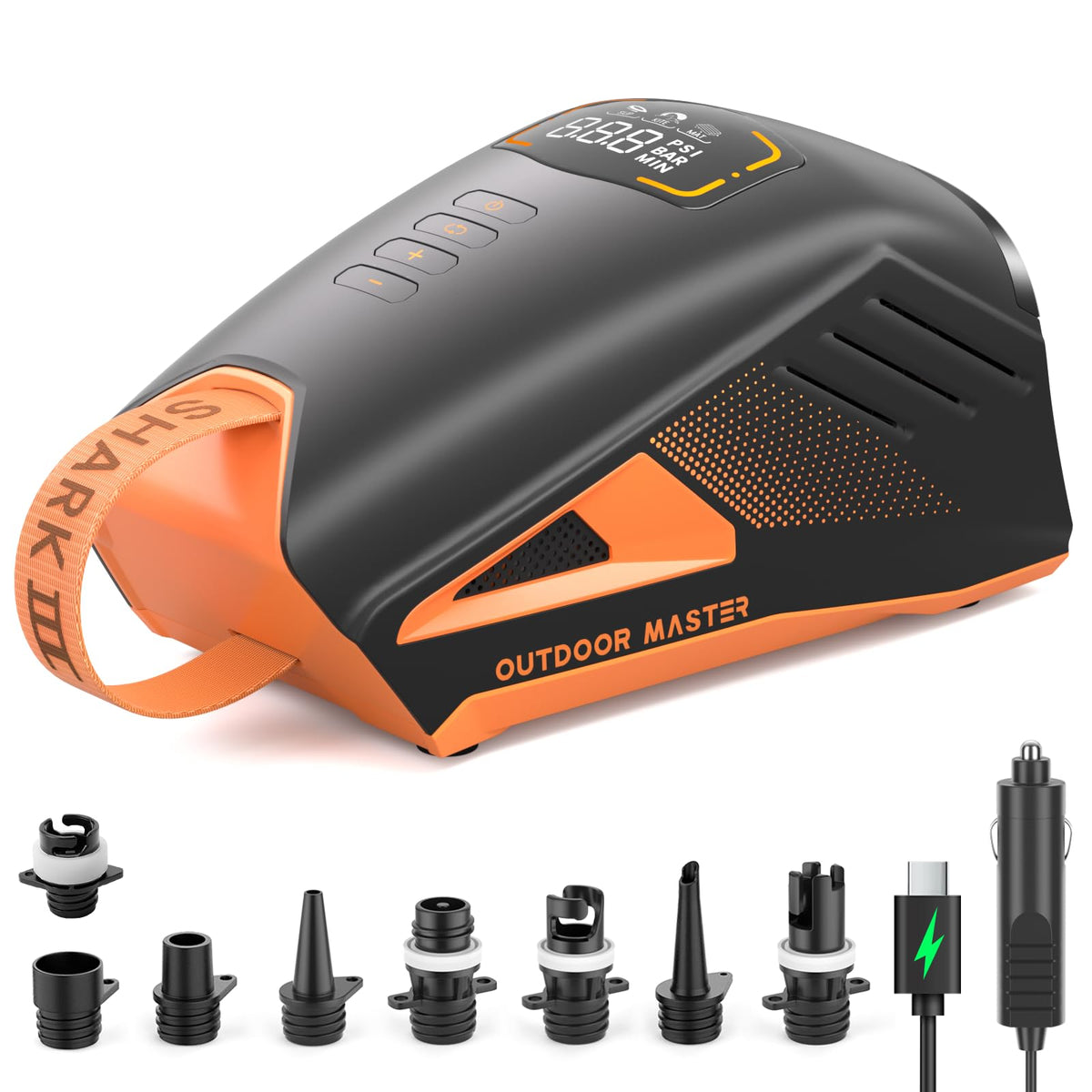 Elektrische SUP-Pumpe Shark 3 mit 74-Wh-Akku, 20 PSI und Auto-Off, inkl. 8 Düsen
