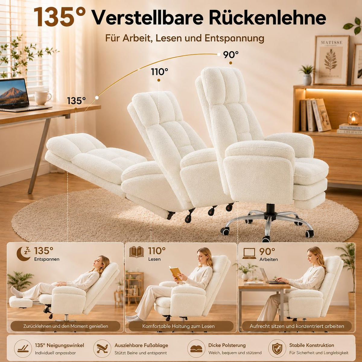 Bürostuhl mit Fußstütze und 135° verstellbarer Rückenlehne, Home Office, Teddy-Stoff