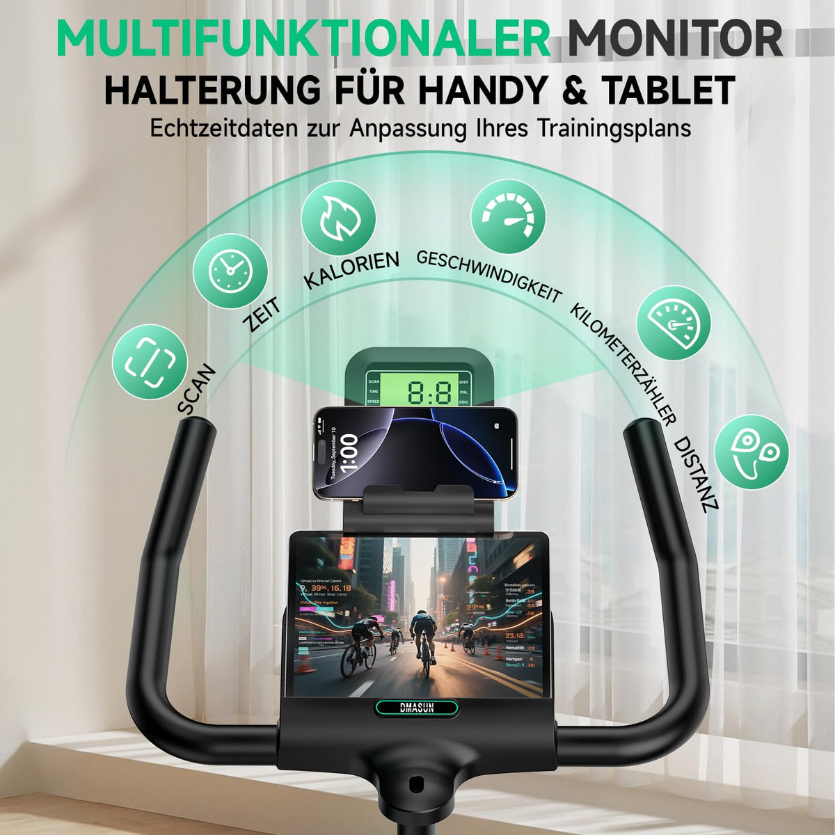 Heimtrainer Fahrrad mit 0-100% Widerstand, LCD-Display und Tablet-Halterung, bis 160 kg, 15 kg Schwungrad
