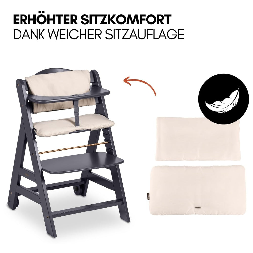 5-in-1 Hochstuhl Beta+ Newborn Set mit Deluxe Bouncer, Sitzpolster und Essbrett, aus FSC-zertifiziertem Buchenholz, Dark Grey