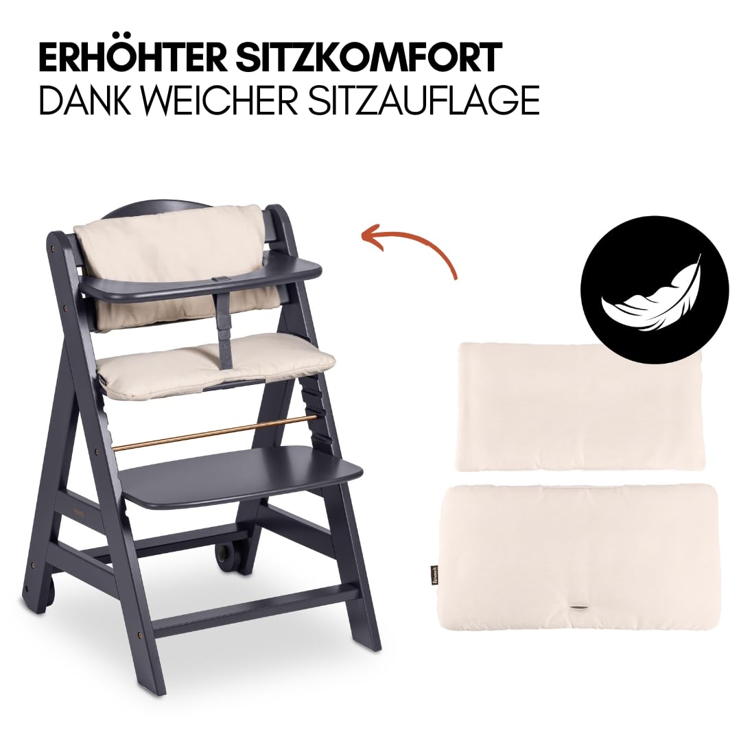 5-in-1 Hochstuhl Beta+ Newborn Set mit Deluxe Bouncer, Sitzpolster und Essbrett, aus FSC-zertifiziertem Buchenholz, Dark Grey