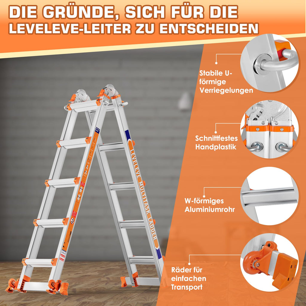 6-Stufen-Mehrzweckleiter aus Aluminium mit Ausziehfunktion bis 6,10 m, 150 kg Traglast sowie Stabilisator und Rädern