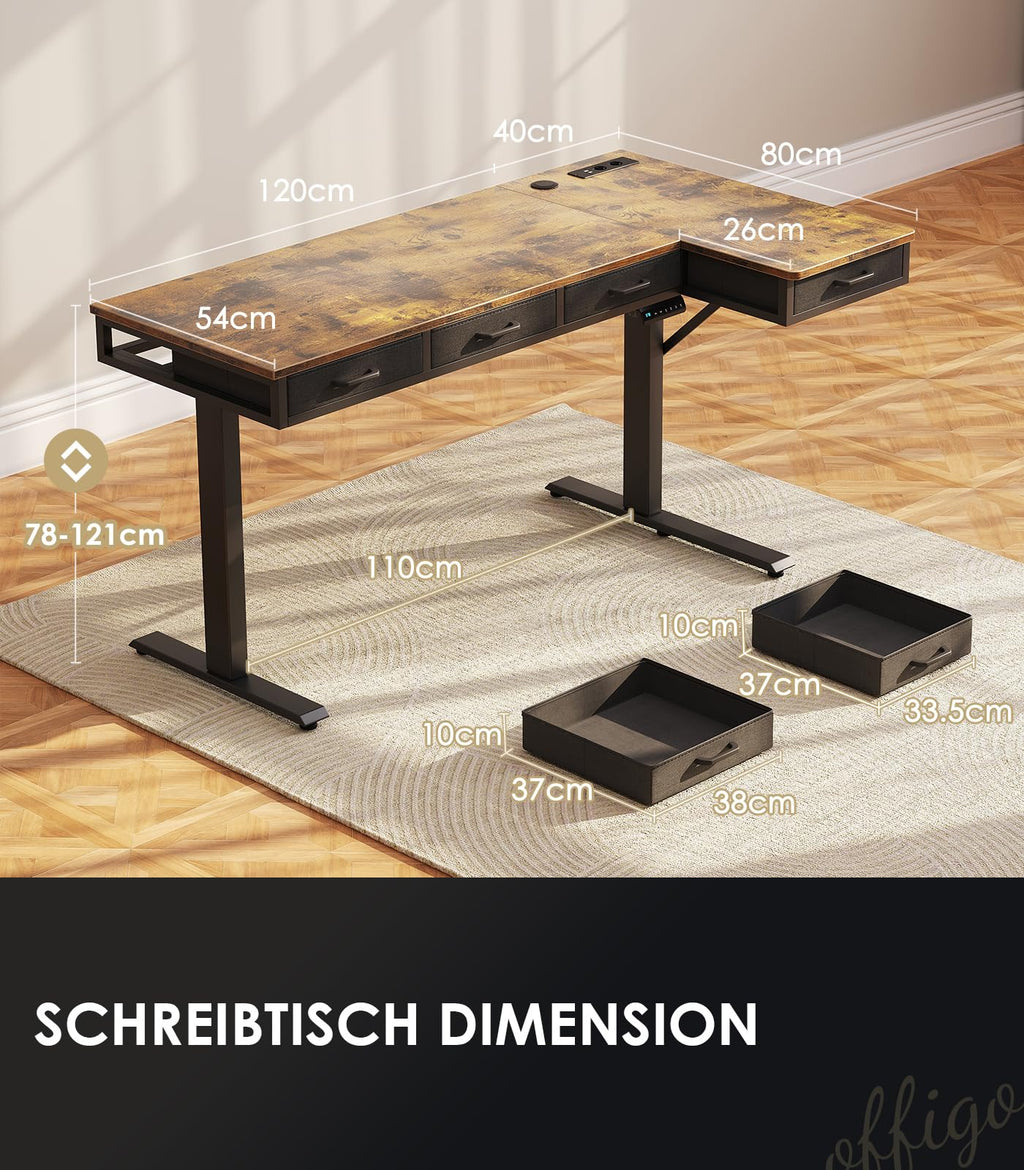 Eckschreibtisch höhenverstellbar elektrisch L-Form 160 x 80 cm mit 4 Schubladen, Steckdose und USB in Braun