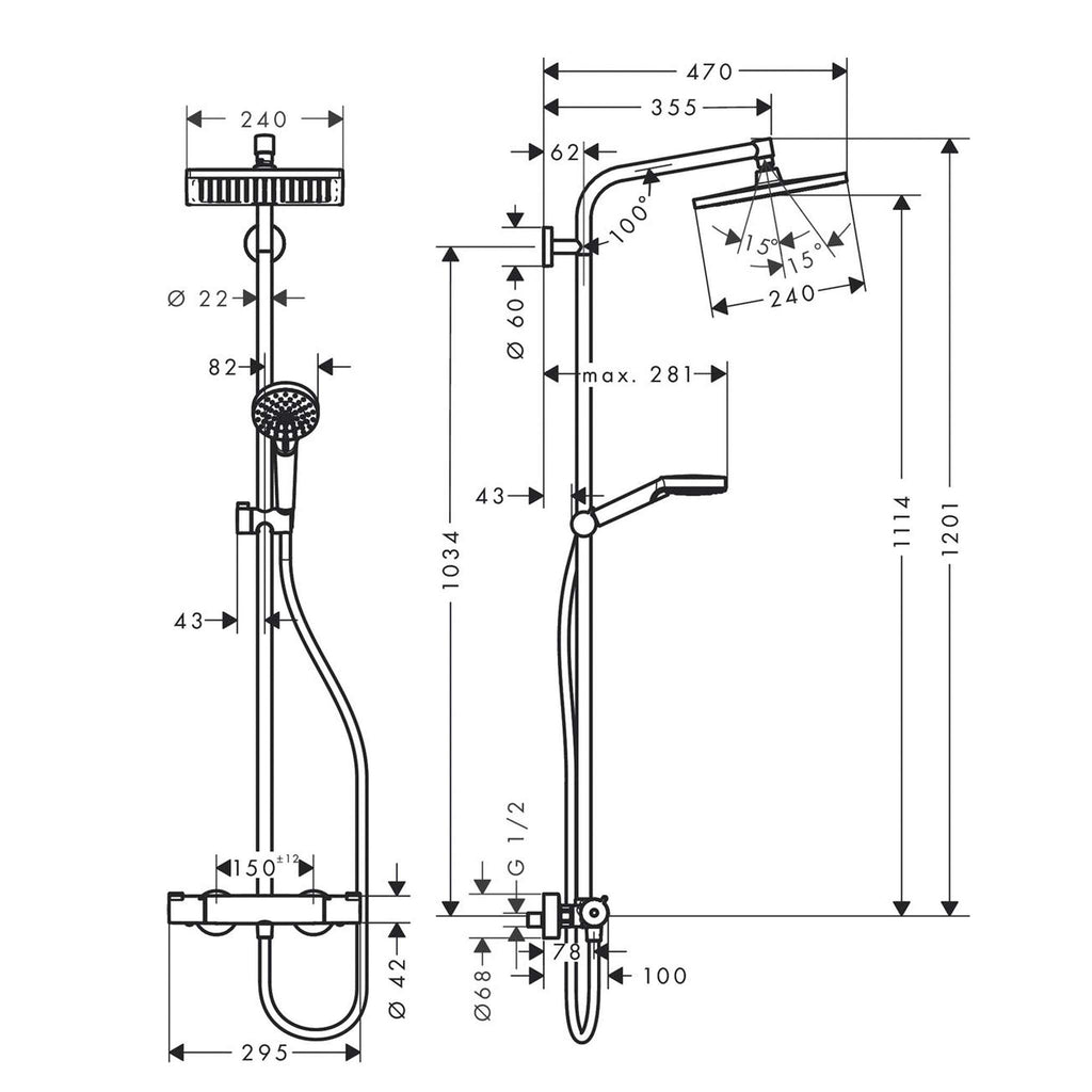 Duschsystem mit Thermostat Crometta E, Regendusche 240 x 240 mm und Handbrause mit 2 Strahlarten, inkl. Brausestange, Schlauch und Armatur, Chrom