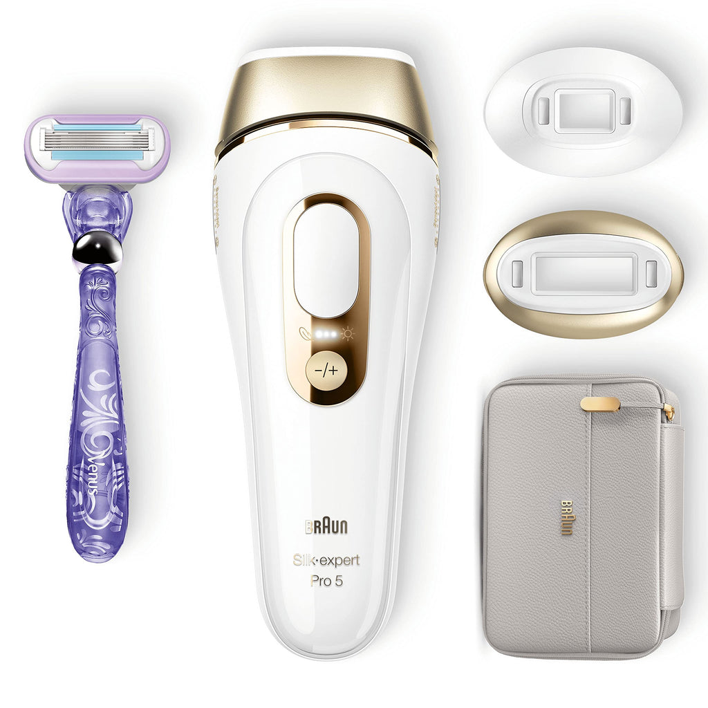 Épilateur lumière pulsée Silk·Expert Pro 5 PL5157 Blanc Doré avec rasoir Venus et têtes spécifiques