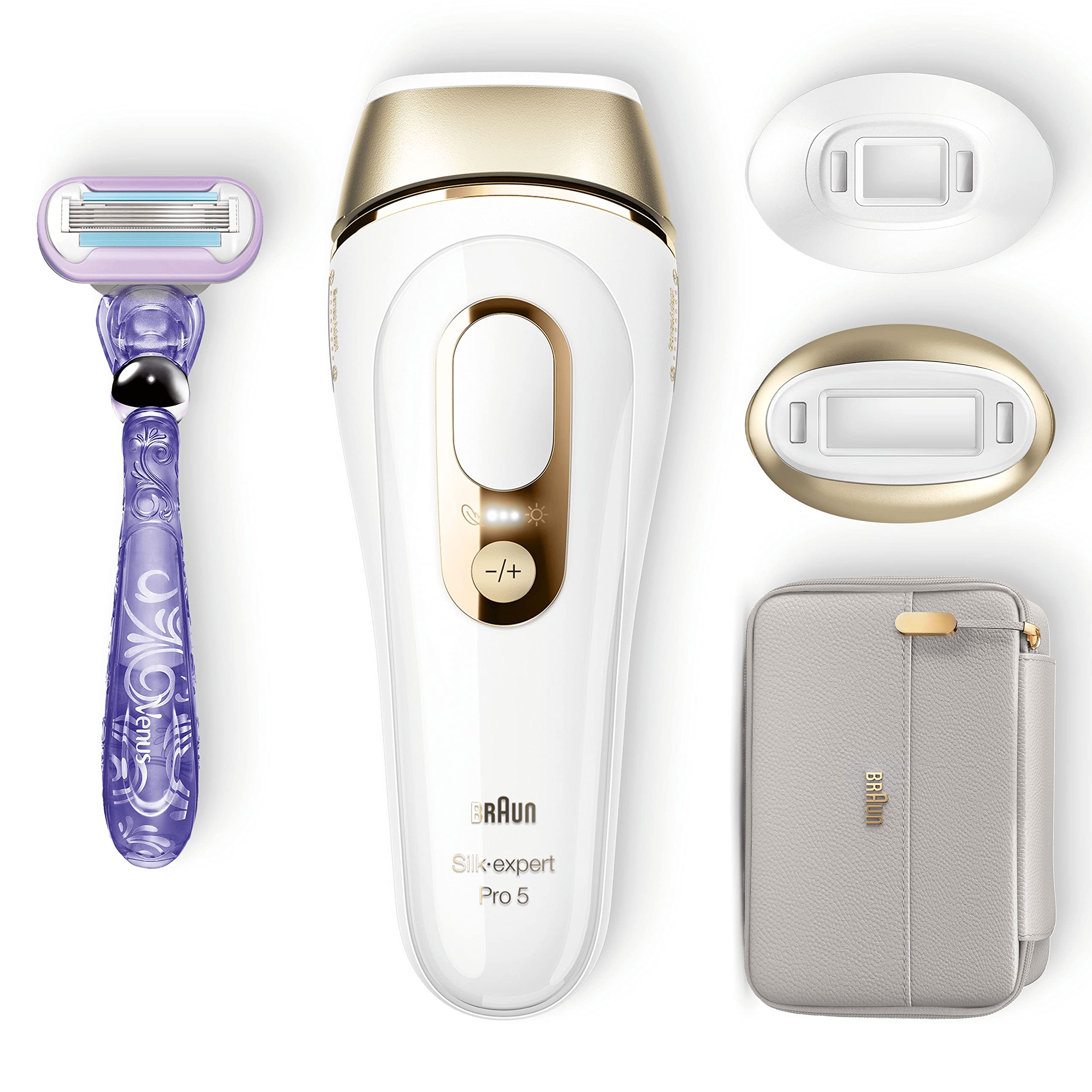 Épilateur lumière pulsée Silk·Expert Pro 5 PL5157 Blanc Doré avec rasoir Venus et têtes spécifiques