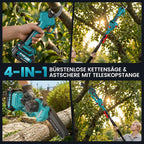 4-in-1 Akku-Hochentaster mit 6-Zoll-Mini-Kettensäge und Elektrischer Gartenschere, bürstenlos, 2x 4,0 Ah, bis 4 m