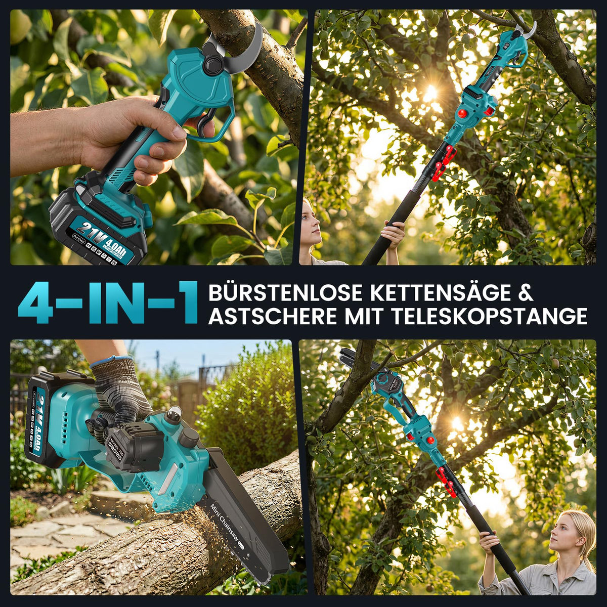 4-in-1 Akku-Hochentaster mit 6-Zoll-Mini-Kettensäge und Elektrischer Gartenschere, bürstenlos, 2x 4,0 Ah, bis 4 m