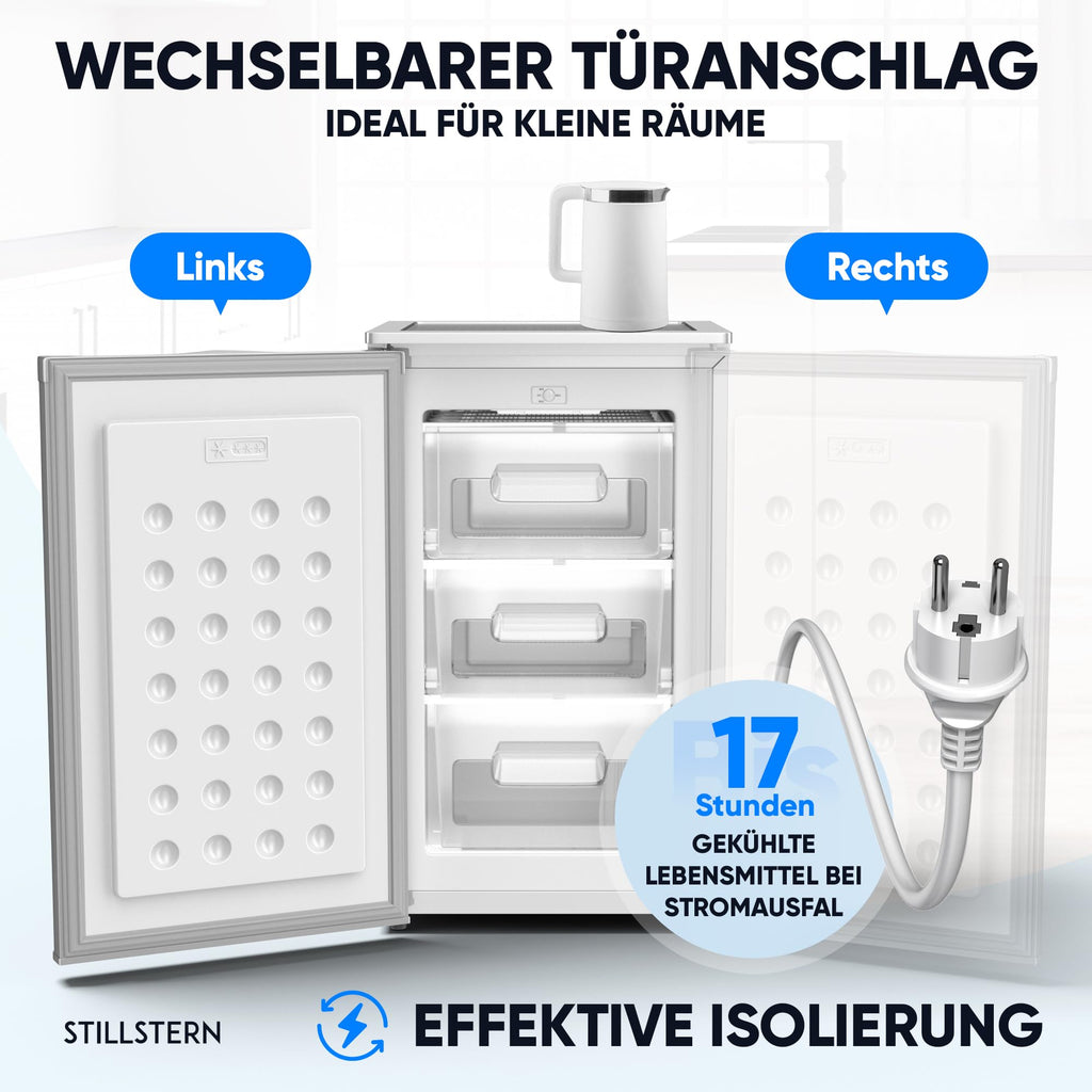 Klein-Gefrierschrank 73 L mit 4-Sterne-Gefrierfach, 3 Fächer und wechselbarem Türanschlag, silber